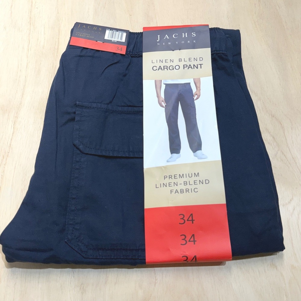 Jachs NY Mens Size 34 Linen Blend Cargo Pants Navy Blue Elastic Waist NEW - Picture 3 of 8